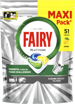 Srebrne opakowanie Fairy Platinum All In One Lemon 51 kapsułek do zmywarki, widok z przodu, zielone logo.