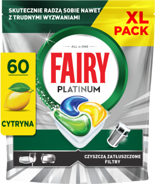 Fairy Platinum All In One cytrynowe kapsułki do zmywarki, 60 sztuk, XL Pack, widok z przodu.