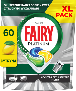 Fairy Platinum All In One Lemon, 60 kapsułek do zmywarki, opakowanie XL z cytryną, widok z przodu.