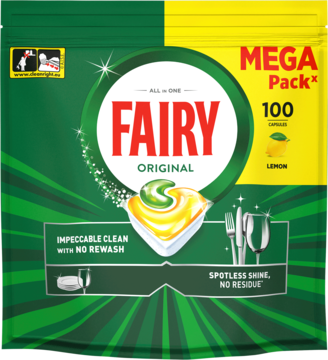 Zielony Mega Pack Fairy Original All in One, 100 cytrynowych kapsułek do zmywarki. Widok przód.