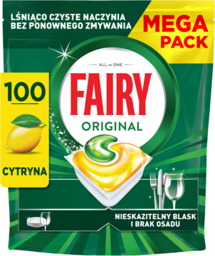 Zielono-żółte opakowanie kapsułek do zmywarki Fairy Original Cytryna, 100 sztuk, widok z przodu, z logo Fairy.