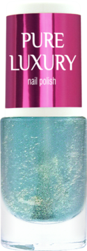 Opalizujący lakier do paznokci Pure Luxury Frozen Lady #03, turkusowy z drobinkami, butelka z fuksjową nakrętką.