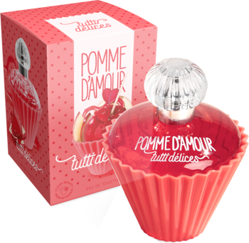 Tutti Delices Pomme D'Amour EDT, czerwona butelka w kształcie babeczki jabłka z karmelem, widok z przodu z pudełkiem.