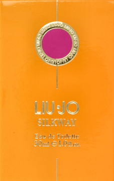 Pomarańczowe opakowanie perfum Liu Jo Silkway Eau de Toilette 30ml, złoty napis i magenta okrąg, widok z przodu.
