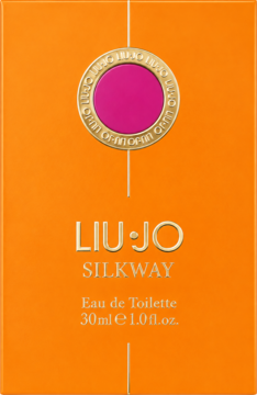 Pomarańczowe opakowanie Liu Jo Silkway Eau de Toilette 30ml z fuksjowym okręgiem i złotym emblematem, widok z przodu.