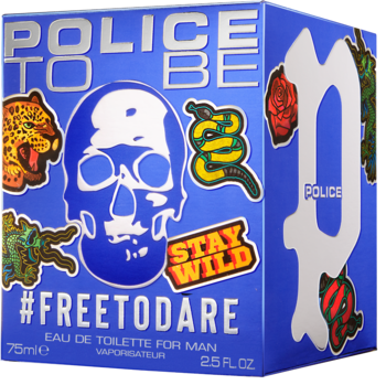 Police To Be #FREETODARE męska woda toaletowa w niebieskim pudełku z białą czaszką i kolorowymi naklejkami, widok z przodu i z boku.