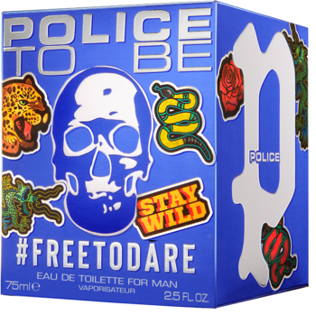 Police To Be #FREETODARE męska woda toaletowa w niebieskim pudełku z białą czaszką i kolorowymi naklejkami, widok z przodu i z boku.