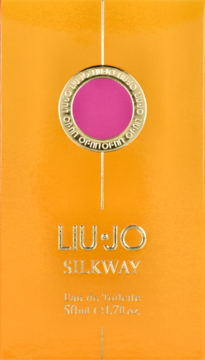 Pomarańczowe, lśniące pudełko Liu Jo Silkway Eau de Toilette, złote napisy i różowe koło z logo, widok z przodu.