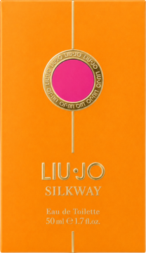 Pomarańczowe pudełko perfum Liu Jo Silkway Eau de Toilette 50ml ze złotymi detalami i różowym okręgiem, widok z przodu.
