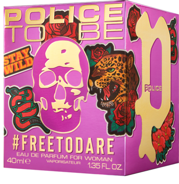 Różowe pudełko perfum Police To Be #FreeToDare dla kobiet z fioletową czaszką i leopardem, widok z przodu i z boku.