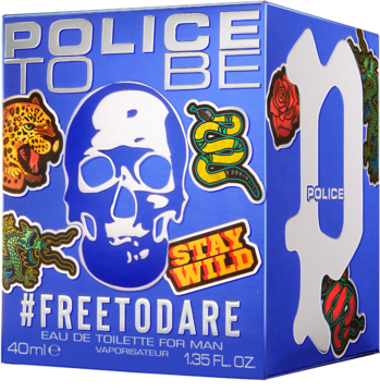 Police To Be #FREETODARE męska woda toaletowa, niebieskie pudełko z białą czaszką i kolorowymi zwierzęcymi naklejkami.