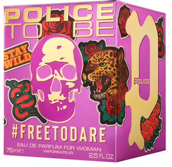Różowe pudełko damskiej wody perfumowanej Police #FreeToDare, złote logo, fioletowa czaszka i pantera.