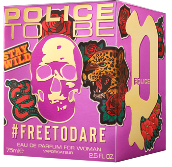 Różowe pudełko damskiej wody perfumowanej Police #FreeToDare, złote logo, fioletowa czaszka i pantera.