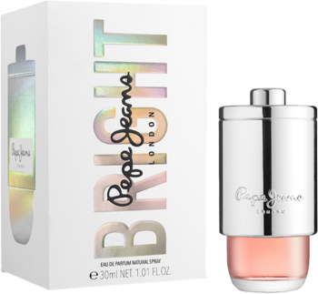 Pepe Jeans Bright 30ml w białym pudełku z holograficznym napisem i srebrna butelka, widok z przodu.