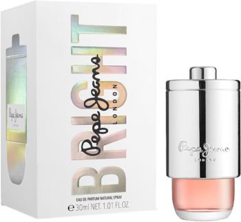 Pepe Jeans Bright 30ml w białym pudełku z holograficznym napisem i srebrna butelka, widok z przodu.