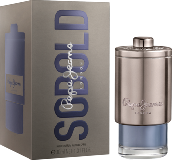 Pepe Jeans So Bold for Him woda perfumowana: metalowo-niebieska butelka z pudełkiem w tle, widok z przodu.
