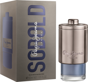 Pepe Jeans So Bold for Him woda perfumowana: metalowo-niebieska butelka z pudełkiem w tle, widok z przodu.