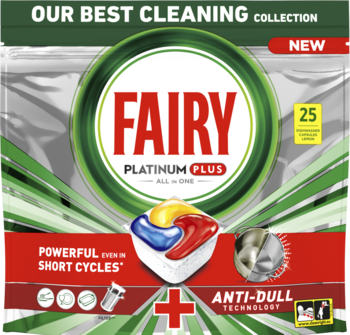 Fairy Platinum Plus All In One kapsułki do zmywarki, zielono-szare opakowanie z kapsułką, 25 sztuk, widok z przodu.