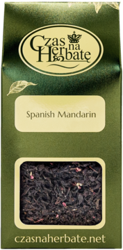Zielone opakowanie Czas na Herbatę Spanish Mandarin, czarna herbata sypana widoczna przez okienko, przód.