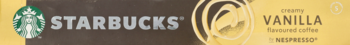 Opakowanie kawy Starbucks Creamy Vanilla do Nespresso, brązowe z żółtym pasem, logo i napisem.