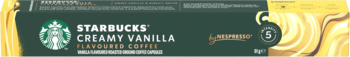 Zielone opakowanie kawy Starbucks Creamy Vanilla Flavoured Coffee Nespresso, z logo i cyfrą 5 intensywności.