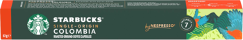 Opakowanie kawy Starbucks Single-Origin Colombia by Nespresso, zielone z logo syreny i oceną intensywności 7.