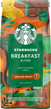 Kolorowa torba kawy ziarnistej Starbucks Breakfast Blend, Medium Roast 7, z cytrusowymi nutami. Widok z przodu.