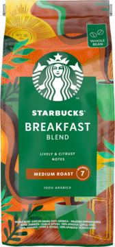 Kolorowa torba kawy ziarnistej Starbucks Breakfast Blend, Medium Roast 7, z cytrusowymi nutami. Widok z przodu.