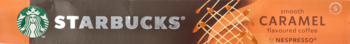 Kawa Starbucks Caramel do Nespresso w brązowo-pomarańczowym opakowaniu z zielonym logo, widok z przodu.