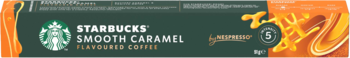 Opakowanie kawy Starbucks Smooth Caramel Flavoured Coffee Nespresso, zielone z pomarańczowym wzorem, przód.