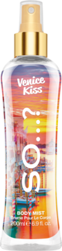 So...? Venice Kiss Body Mist, 200ml, przezroczysta butelka z gold sprayerem, etykieta z zachodem słońca w Wenecji, widok z przodu.