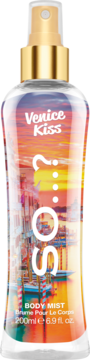 So...? Venice Kiss Body Mist 200ml. Pionowa, przezroczysta butelka ze złotym atomizerem i etykietą z Wenecją.