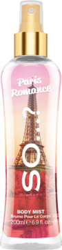 Mgiełka So...? Paris Romance 200ml w różowo-przezroczystej butelce z Wieżą Eiffla, widok z przodu.