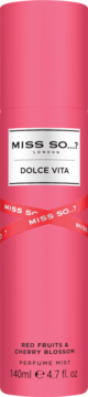 Cylindryczna różowa mgiełka Miss So...? Dolce Vita, 140ml, czerwone owoce i kwiat wiśni. Widok z przodu.