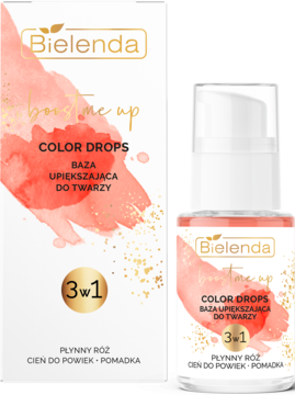 Bielenda Boost me up Color Drops 3w1 baza upiększająca w różowej butelce z pompką, obok białe pudełko.