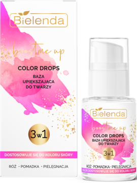 Bielenda Boost me up Color Drops baza upiększająca 3w1. Biała butelka z pompką i pudełko z różowo-złotym designem, przód.