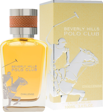 Damska woda perfumowana Beverly Hills Polo Club Challenge w złotym flakonie z brązową opaską i żółtym pudełkiem, widok z przodu.