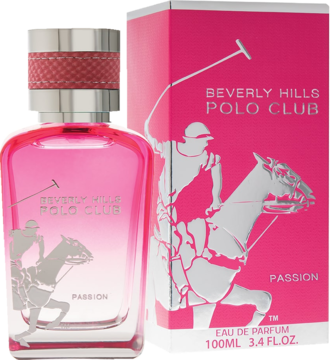 Beverly Hills Polo Club Passion, różowa woda perfumowana. Szklana butelka przed pasującym pudełkiem, oba z logo polo.