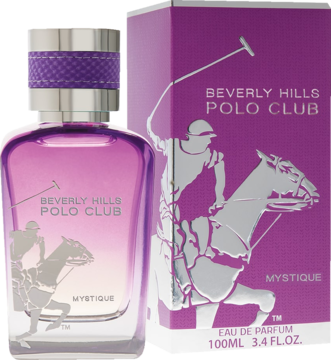 Fioletowa woda perfumowana dla kobiet Beverly Hills Polo Club Mystique, butelka i pudełko, widok z przodu.