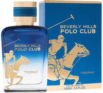 Beverly Hills Polo Club Trophy EDT dla mężczyzn: niebiesko-złota butelka i kartonik z grafiką jeźdźca polo.