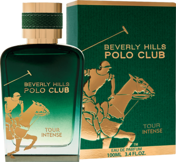 Zielony perfum Beverly Hills Polo Club Tour Intense EDP 100ml, złoty korek, widok z przodu obok pudełka.