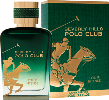 Zielony perfum Beverly Hills Polo Club Tour Intense EDP 100ml, złoty korek, widok z przodu obok pudełka.