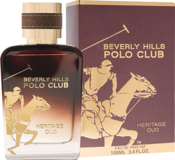 Butelka perfum Beverly Hills Polo Club Heritage Oud z ciemnym płynem, złotymi napisami i logo, obok bordowe pudełko.