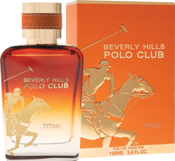 Męska woda perfumowana Beverly Hills Polo Club Titan, bursztynowa butelka z złotym jeźdźcem, widok z przodu.