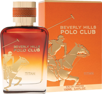 Męska woda perfumowana Beverly Hills Polo Club Titan, bursztynowa butelka z złotym jeźdźcem, widok z przodu.
