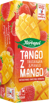 Opakowanie herbaty Herbapol Tango truskawka & mango. Żółto-czerwone z owocami i informacją o 20 torebkach.