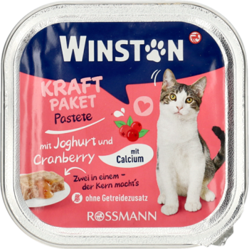Winston karma dla kota, pasztet jogurt-żurawina z wapniem, bez zbóż, w kwadratowym pojemniku, widok z góry.