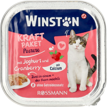 Winston karma dla kota, pasztet jogurt-żurawina z wapniem, bez zbóż, w kwadratowym pojemniku, widok z góry.