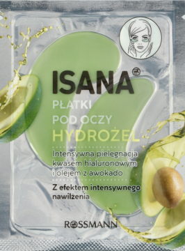 Isana Hydrożel zielone płatki pod oczy z kwasem hialuronowym i olejem z awokado, w zamkniętym opakowaniu.