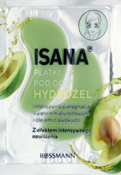 Isana, zielone hydrożelowe płatki pod oczy z awokado i hialuronem, w przezroczystej folii z wizerunkiem awokado.
